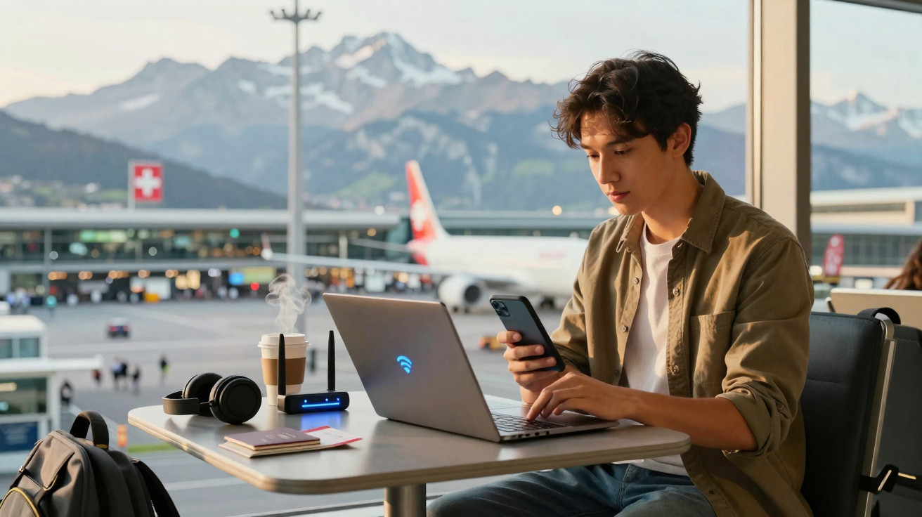 Jovem sentado num aeroporto, a usar portátil e telemóvel, com montanhas e avião ao fundo.
