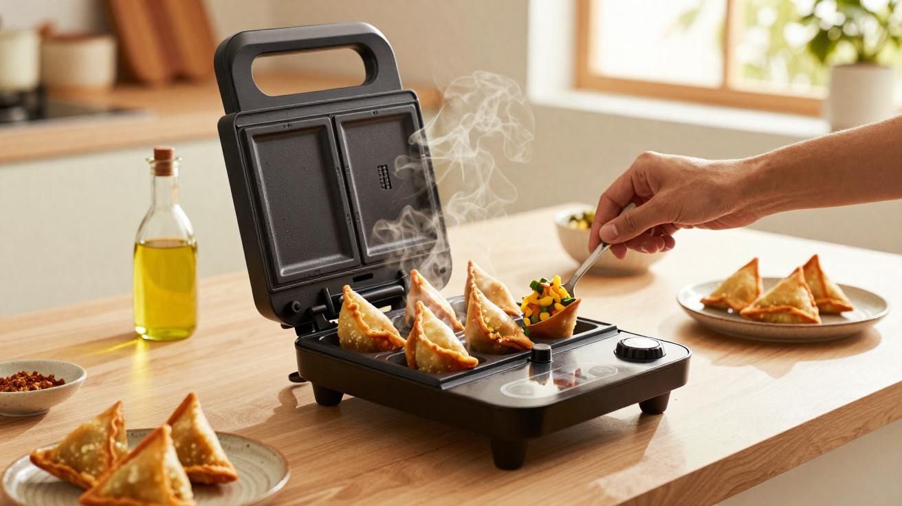 Máquina a cozinhar pastéis triangulares com uma mão a colocar recheio colorido com colher.