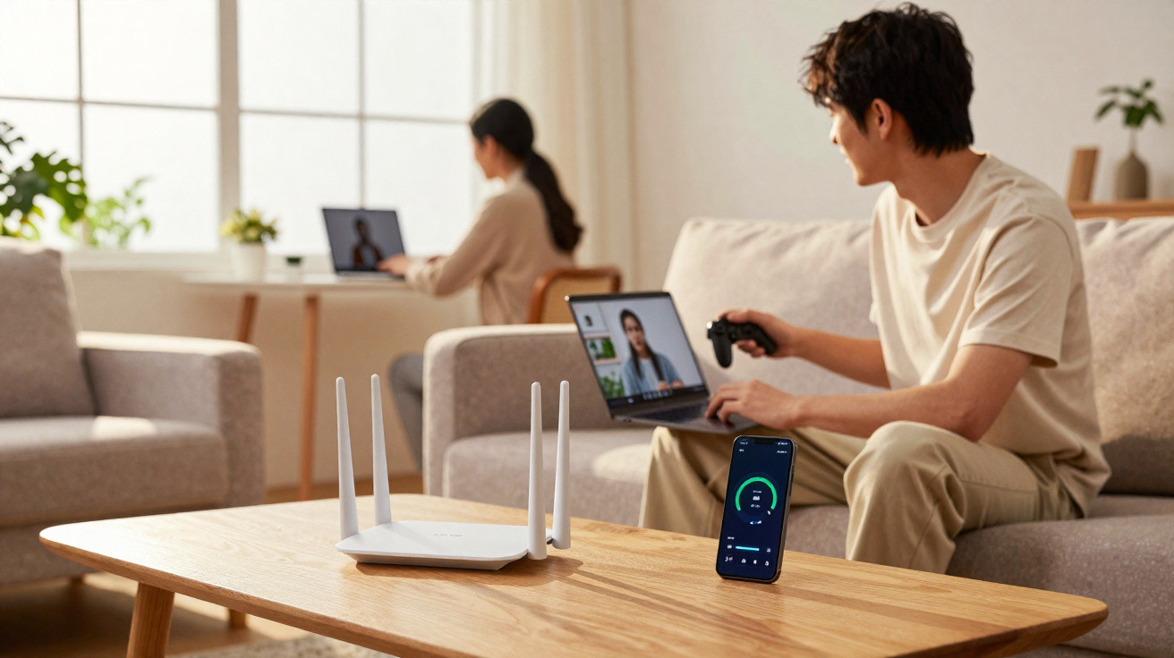 Pessoa a usar portátil com comando enquanto outra usa portátil numa mesa com router e smartphone à frente.