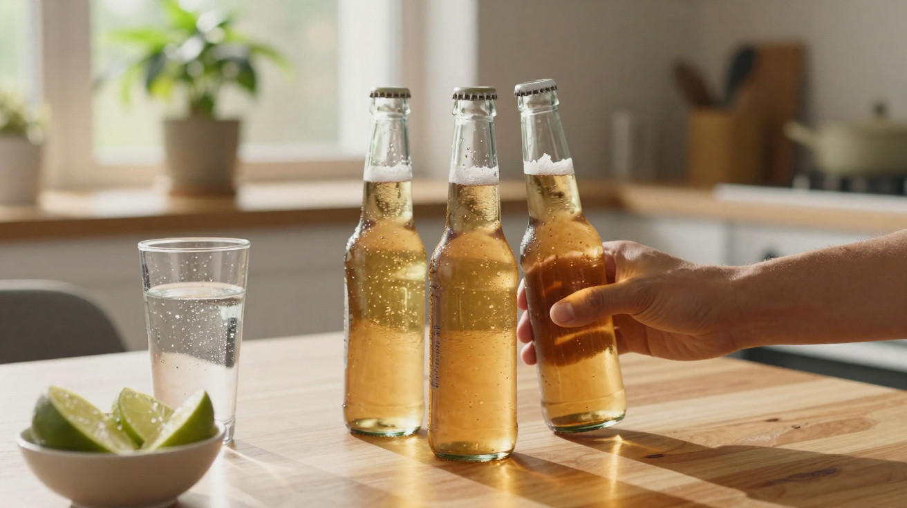 Três garrafas de cerveja numa mesa de madeira, mão a pegar numa delas, limões e copo de água ao lado.