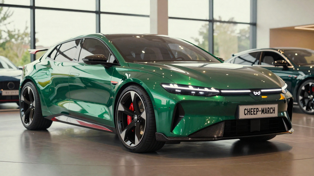 Carro desportivo elétrico verde brilhante com faróis LED e jantes pretas exposto em salão moderno.