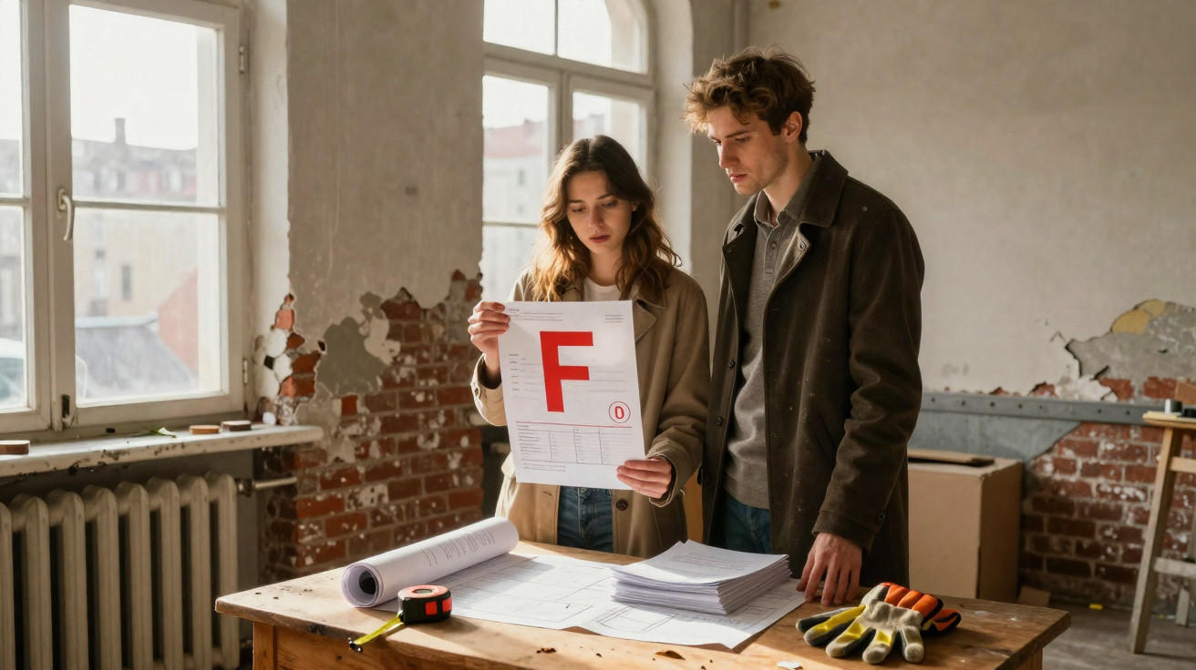 Casal jovem numa sala antiga a olhar documento com nota F vermelha numa mesa de madeira.