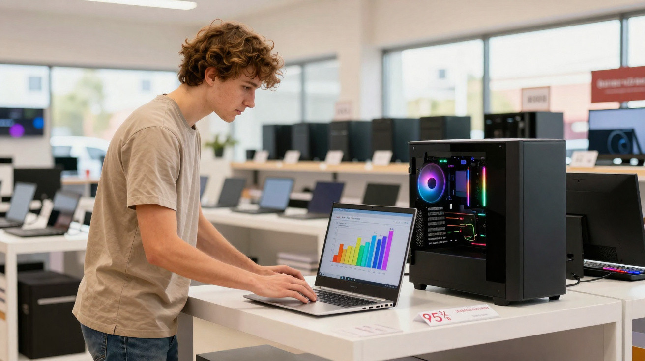 Jovem com camisola bege usa portátil ao lado de computador de secretária com luzes RGB numa loja de eletrónica.