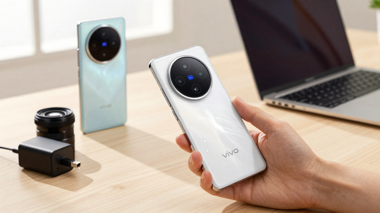 Pessoa a segurar smartphone Vivo branco com câmara circular, ao lado de outro telefone, carregador e portátil numa mesa.