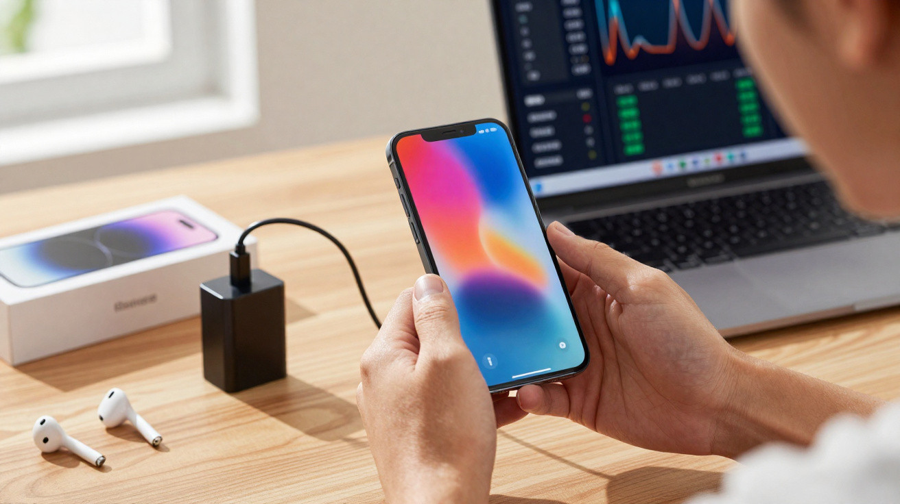 Pessoa a segurar e carregar um smartphone com auscultadores e computador portátil numa secretária.