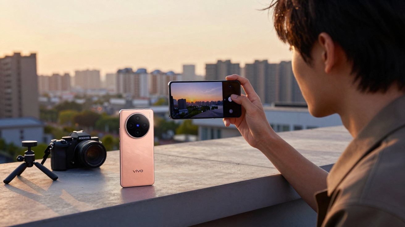 Pessoa tira foto ao pôr do sol no terraço com smartphone rosa Vivo, câmera fotográfica e tripé à frente.