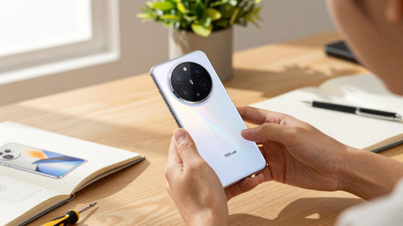 Pessoa a segurar um smartphone branco com câmara circular tripla, numa mesa com caderno, caneta e planta.