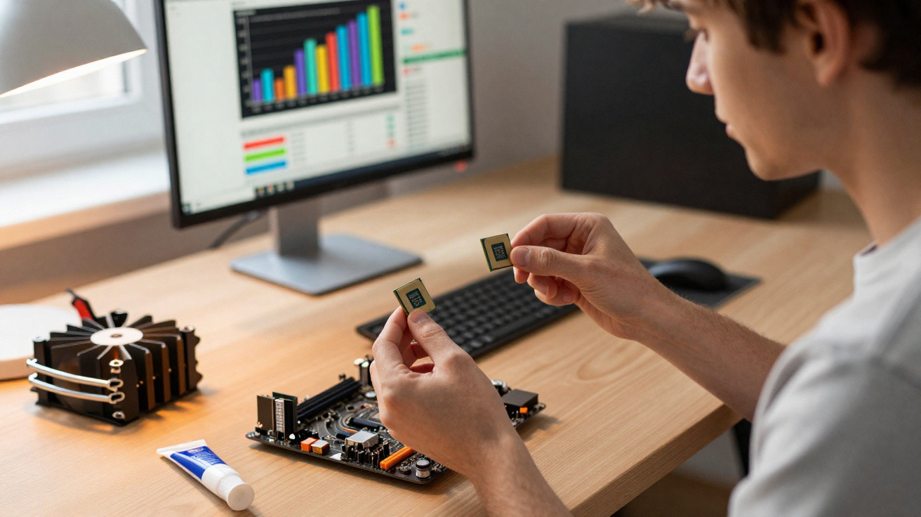 Pessoa a segurar dois chips de computador junto a uma motherboard e ecrã com gráficos na secretária.