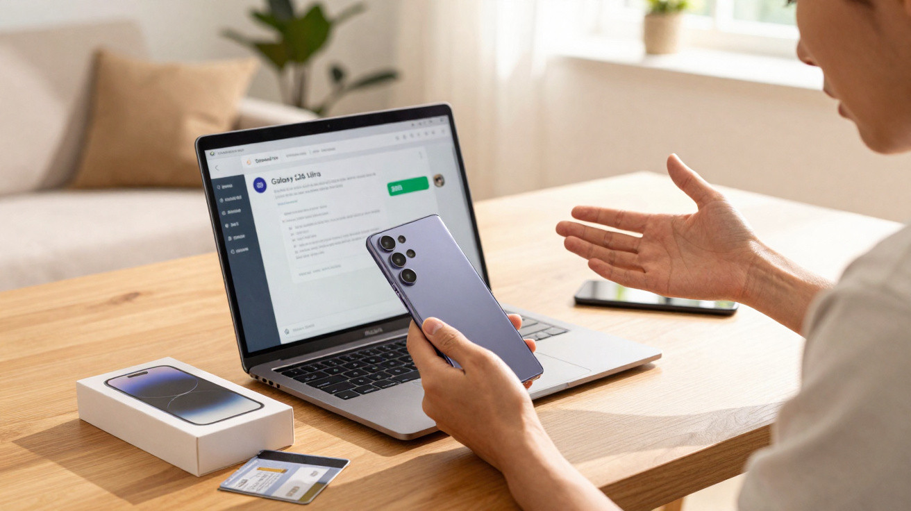 Pessoa a segurar smartphone junto a computador portátil e caixa de telemóvel numa mesa de madeira.