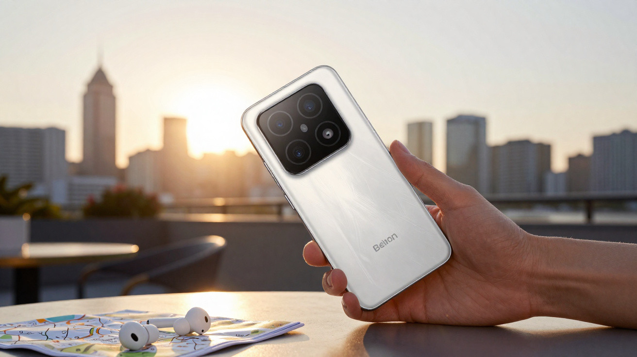 Pessoa segura smartphone branco Belton com câmara tripla, ao pôr do sol numa esplanada urbana.