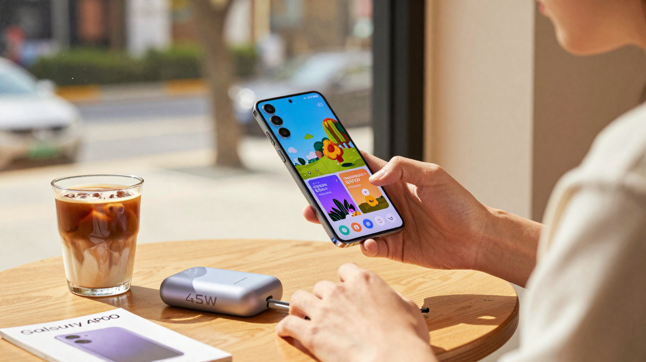 Pessoa a usar um smartphone Galaxy A800 junto a um carregador e um copo de café numa mesa de madeira.