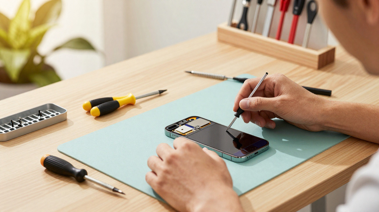 Pessoa a reparar ecrã de smartphone numa bancada com várias ferramentas de precisão.