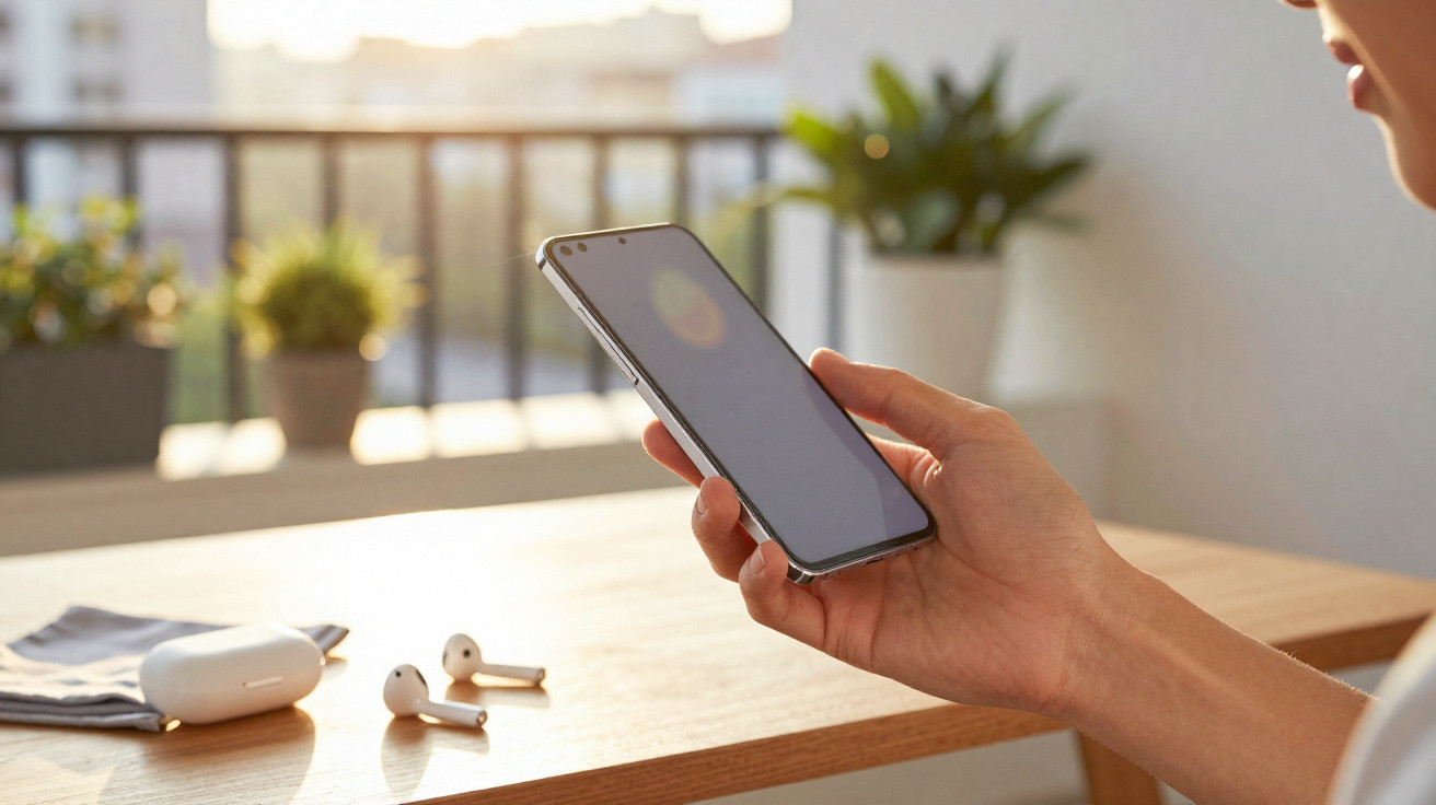 Pessoa a segurar smartphone com auscultadores sem fios sobre uma mesa em ambiente iluminado.