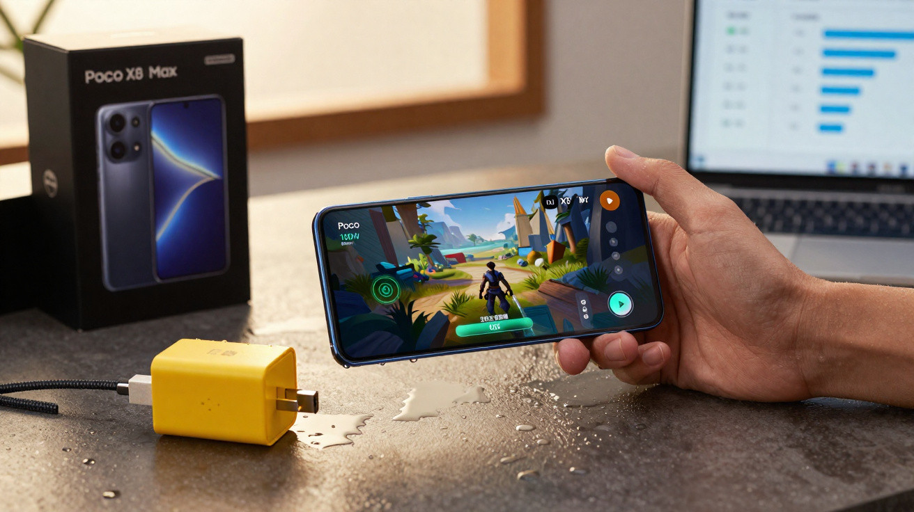Pessoa segura telemóvel Poco X3 Max a jogar, carregador amarelo e caixa do telemóvel numa mesa molhada.