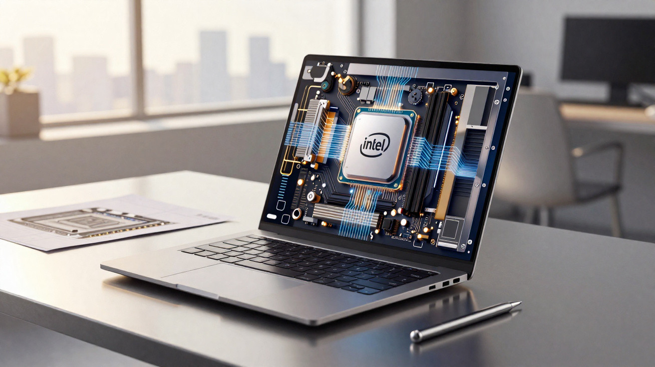 Portátil aberto sobre mesa com imagem digital de processador Intel e circuitos no ecrã, caneta ao lado.