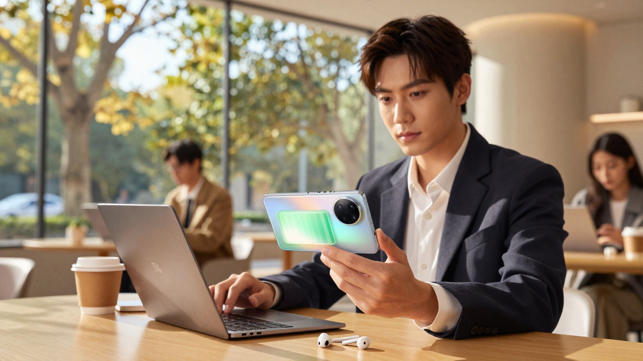 Homem de negócios a trabalhar no portátil enquanto segura um smartphone num café iluminado pela luz natural.