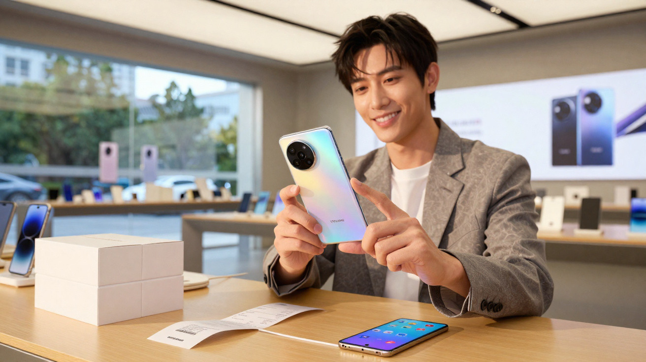 Homem sorridente manuseia smartphone Huawei num espaço moderno com vários telemóveis expostos.