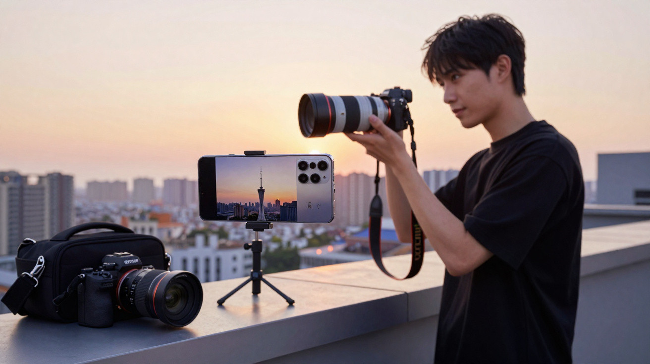 Homem a fotografar com câmara profissional no terraço ao pôr do sol, smartphone no tripé captura a torre da cidade.
