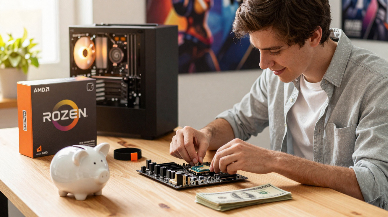 Jovem a montar componente de computador numa placa-mãe com caixa de PC e dinheiro numa mesa.