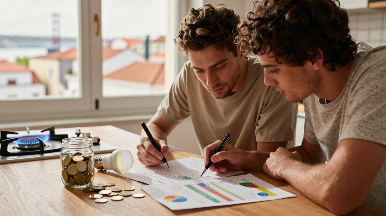 Dois homens jovens analisam gráficos financeiros à mesa, com jarro de moedas e lâmpada ao lado.