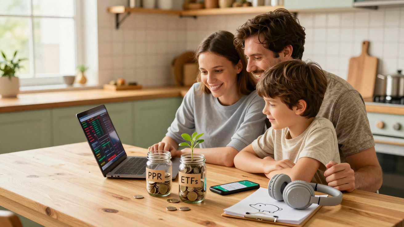 Família sorridente junta analisa investimentos em bolsa num portátil, com frascos de moedas etiquetados PPR e ETFs.