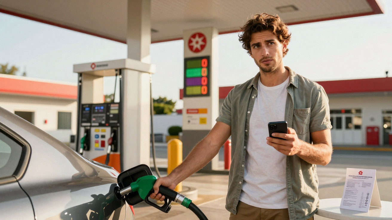 Homem jovem a abastecer carro numa bomba de gasolina enquanto segura telemóvel numa estação de serviço.