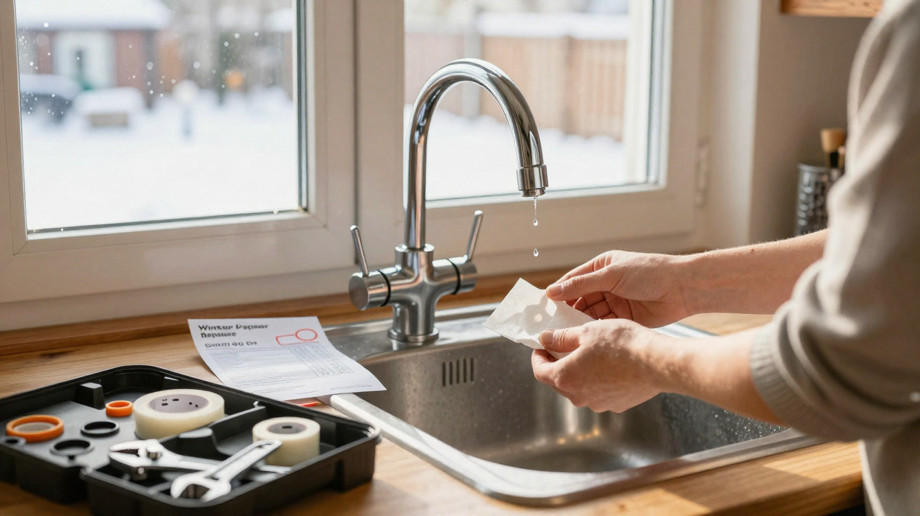 Mãos a aplicar fita isoladora num pequeno tubo junto a uma torneira a pingar numa cozinha.
