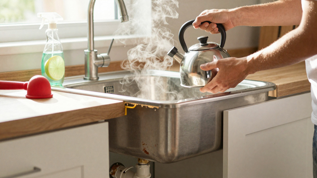Pessoa a despejar água quente de um bule metálico para um lava-loiça na cozinha.