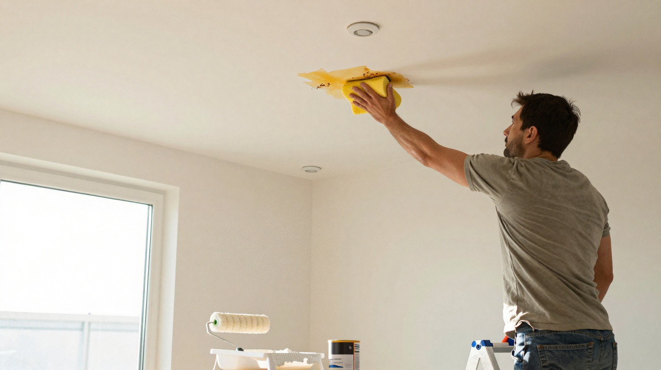 Homem a limpar manchas amareladas no teto branco com pano amarelo durante remodelação.