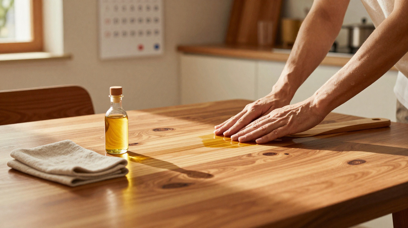 Pessoa a limpar óleo derramado numa mesa de madeira com um pano dobrado ao lado numa cozinha iluminada.