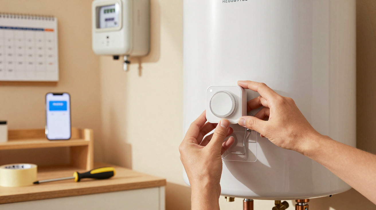 Mãos a ajustar termóstato inteligente num aquecedor de água branco numa sala com secretária e telefone.
