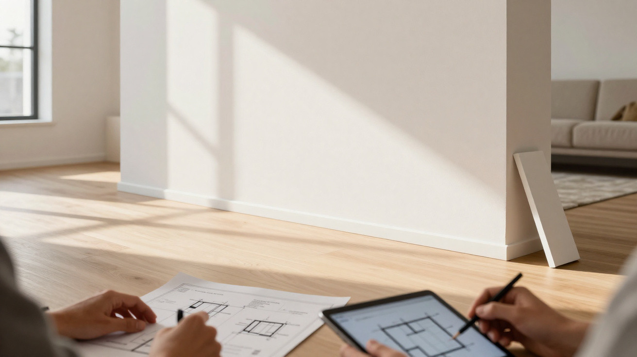 Duas pessoas analisam plantas arquitetónicas, uma em papel e outra num tablet, num espaço moderno e iluminado.
