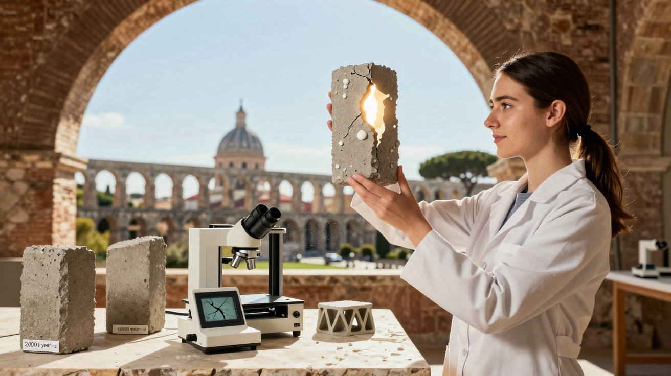 Mulher de jaleco observa bloco de cimento com racha iluminada, ao lado de microscópio e blocos, em ambiente histórico.