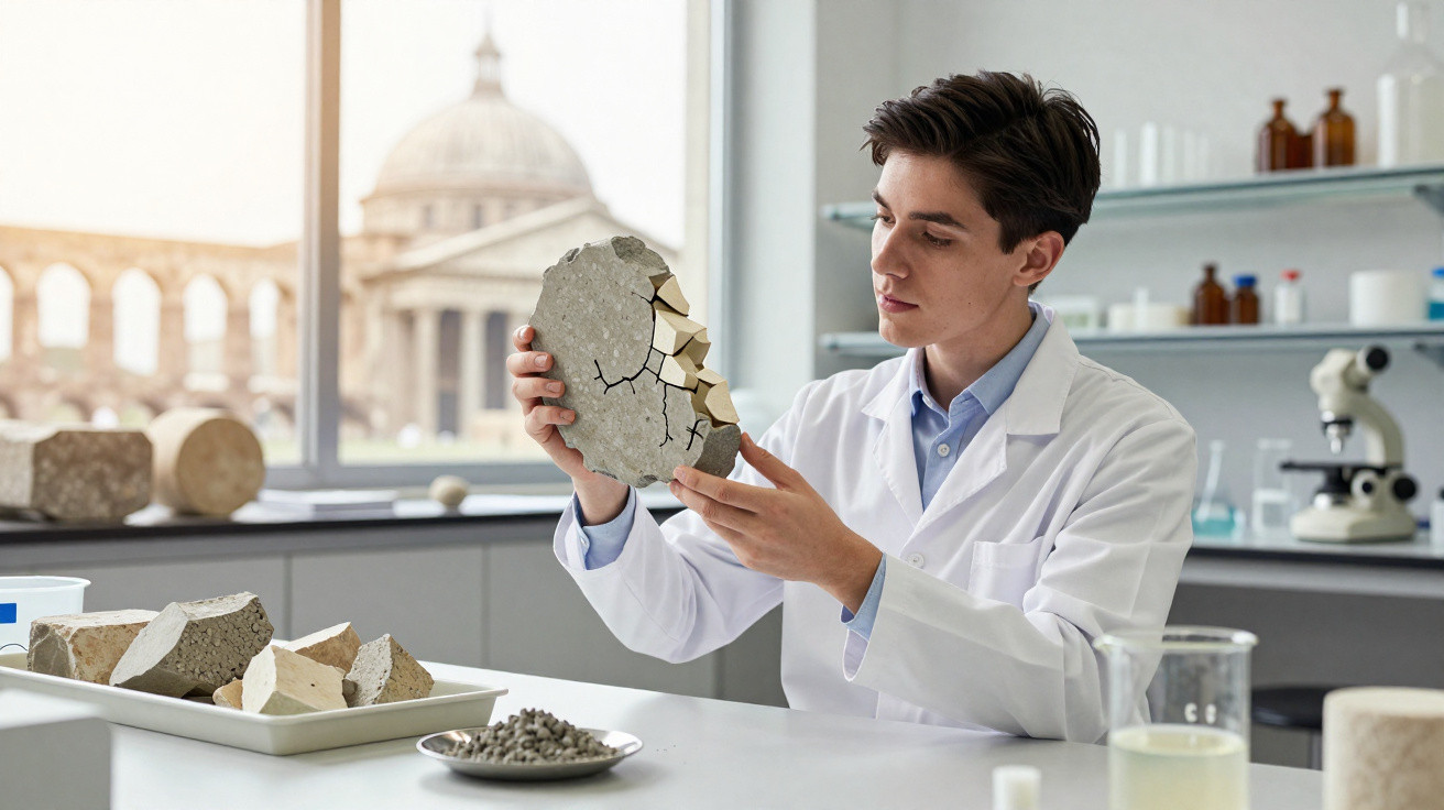 Homem de bata branca analisa amostra de cimento partido num laboratório claro com microscópio ao fundo.