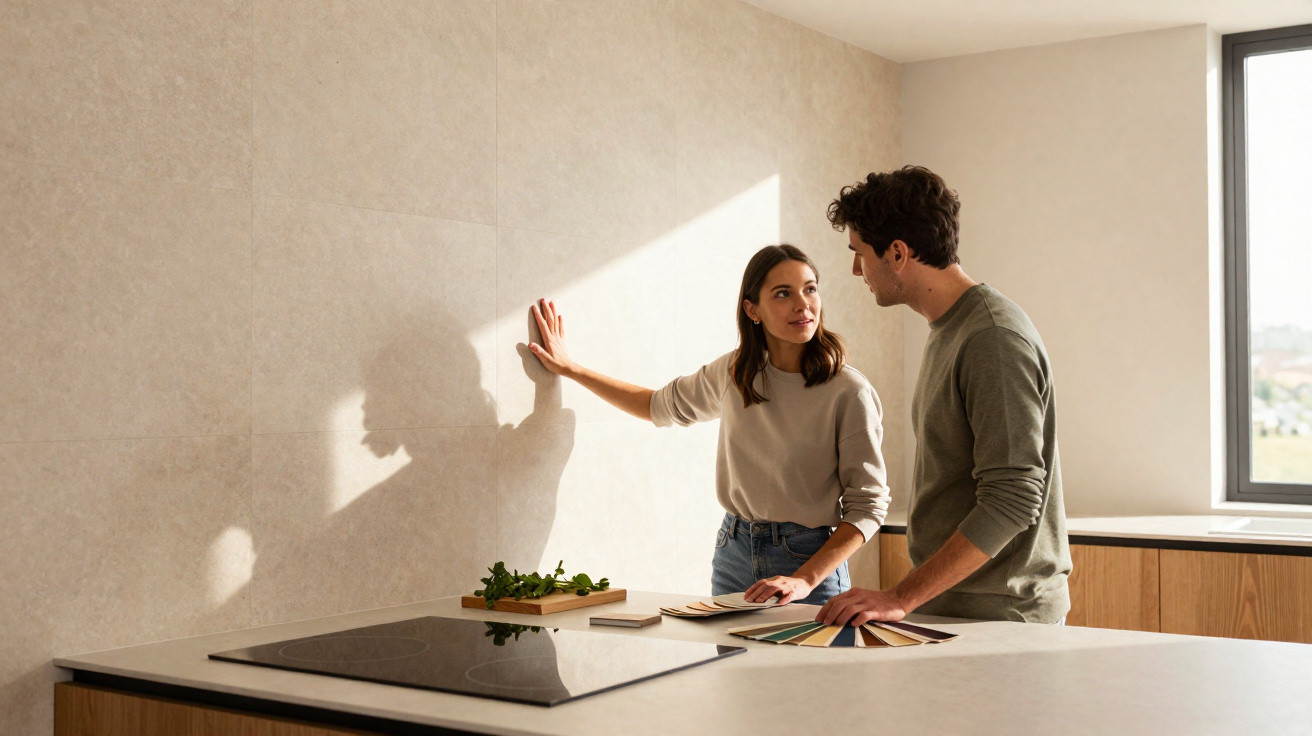 Casal jovem a escolher cores e materiais para remodelar a cozinha moderna iluminada por luz natural.