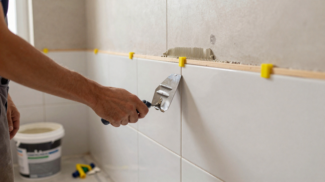 Pessoa a aplicar cimento colante para colocar azulejos brancos numa parede interior.
