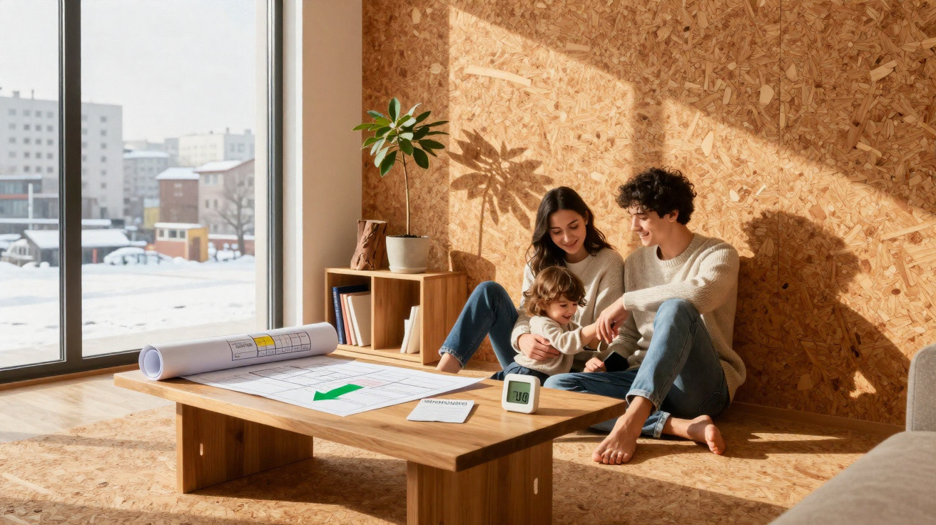 Família sentada no chão com sol a entrar por janela numa sala com mesa e planta decorativa.