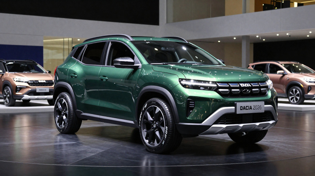 Automóvel SUV verde Dacia 2026 exibido em stand moderno com outros carros ao fundo.
