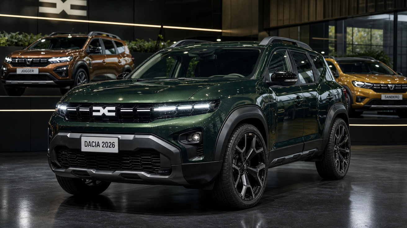 SUV Dacia verde escuro modelo 2026 em exposição numa sala moderna com outros carros ao fundo.