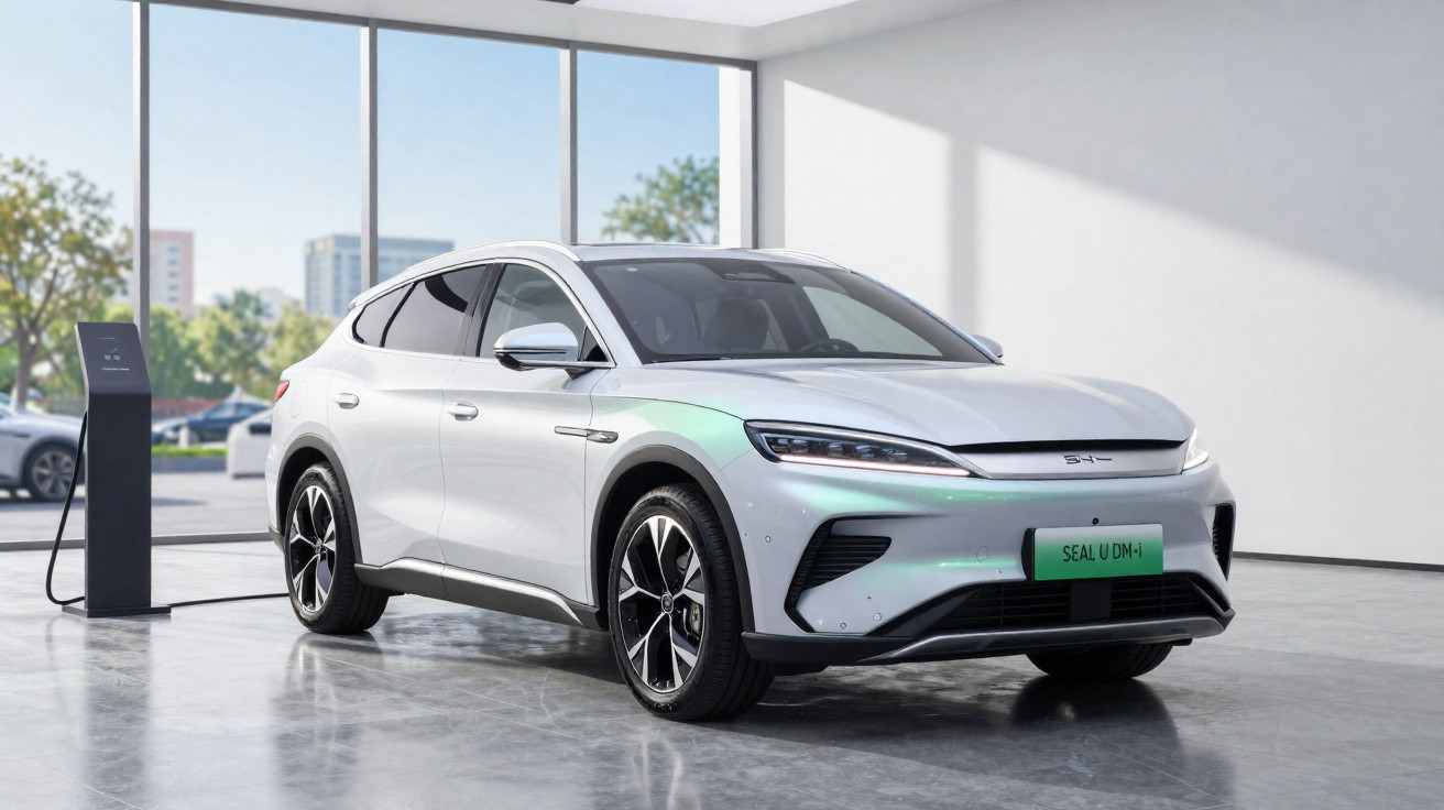 Carro elétrico branco estacionado numa sala moderna a ser carregado numa estação elétrica.
