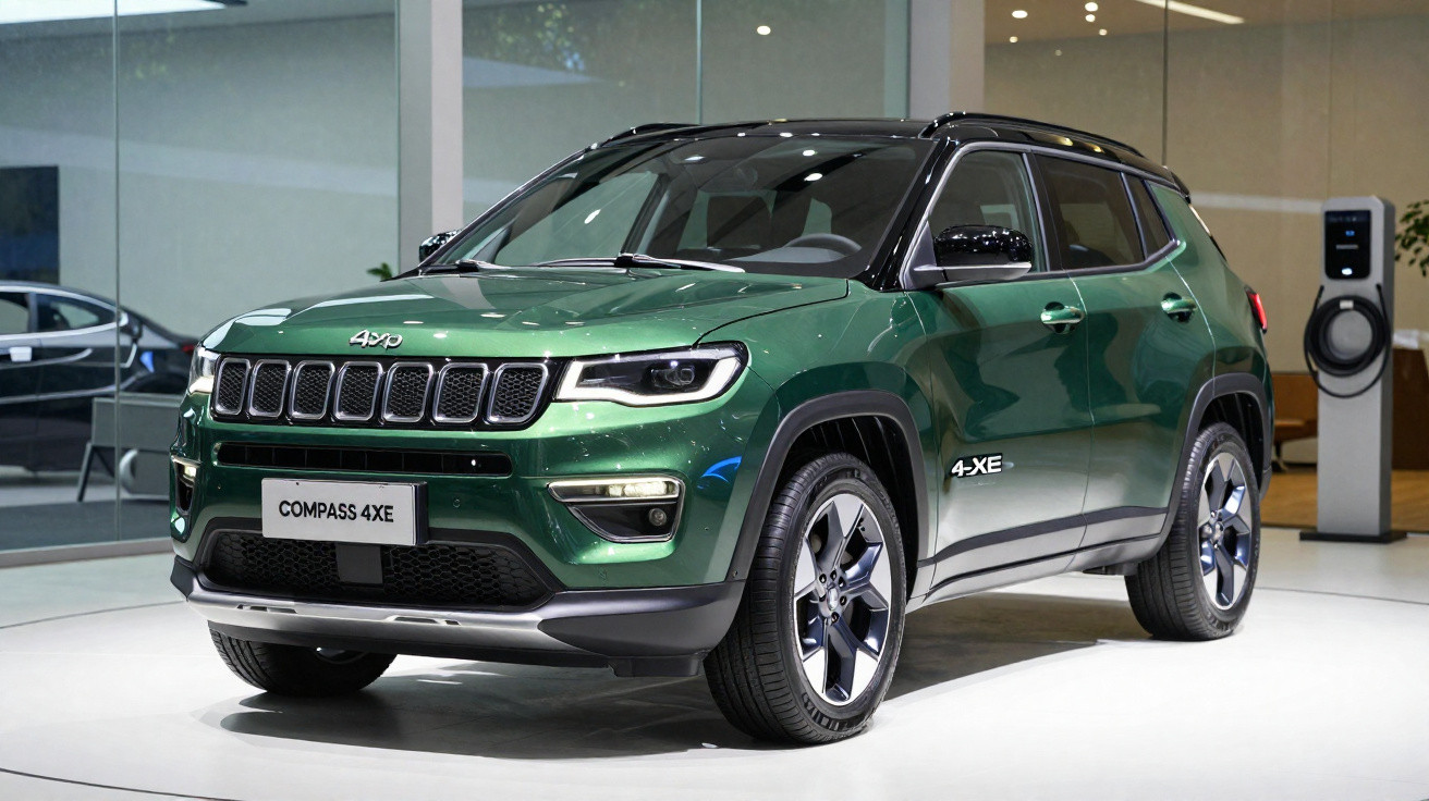 Jeep Compass 4XE verde estacionado em interior com estação de carregamento elétrica ao fundo.