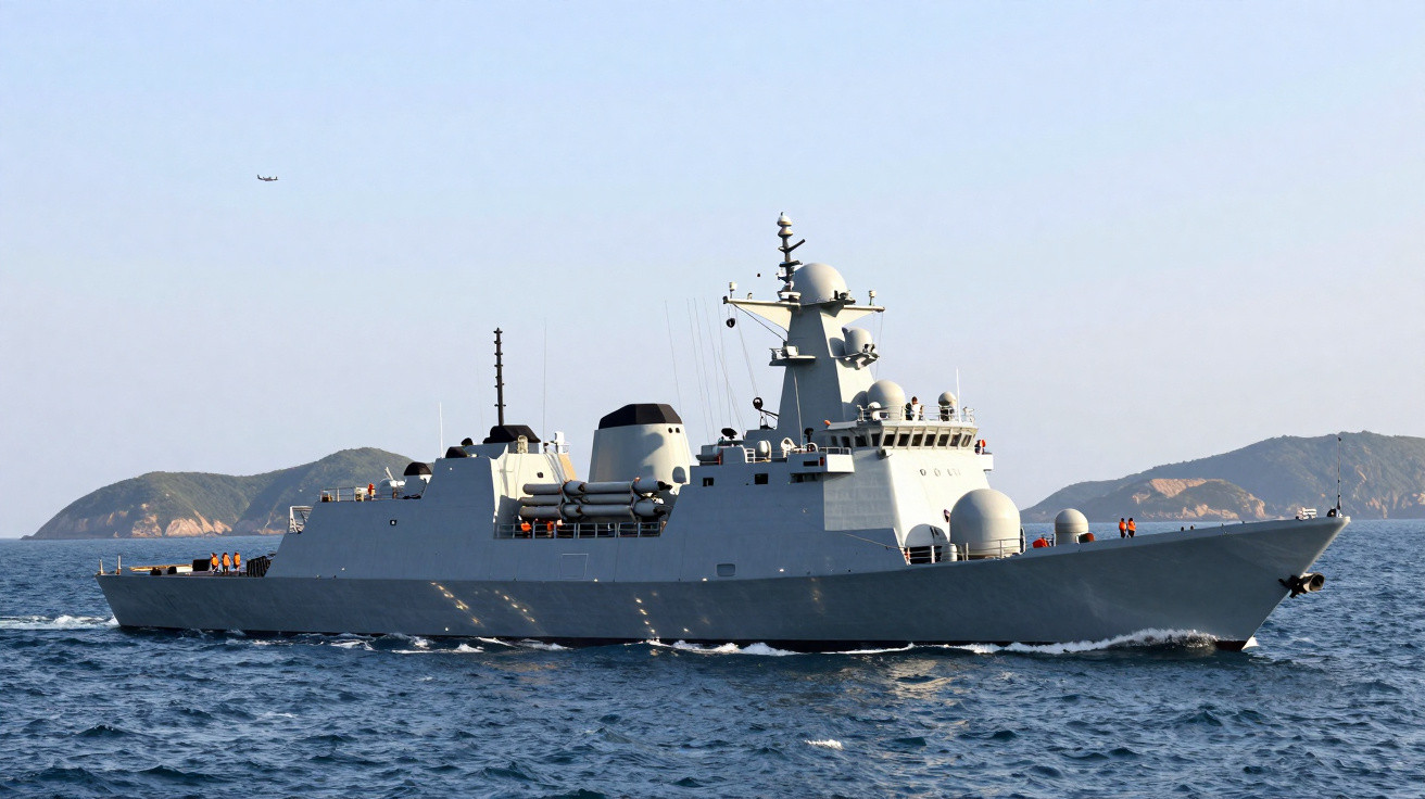 Navio de guerra cinzento a navegar no mar com ilhas ao fundo e várias pessoas a bordo.