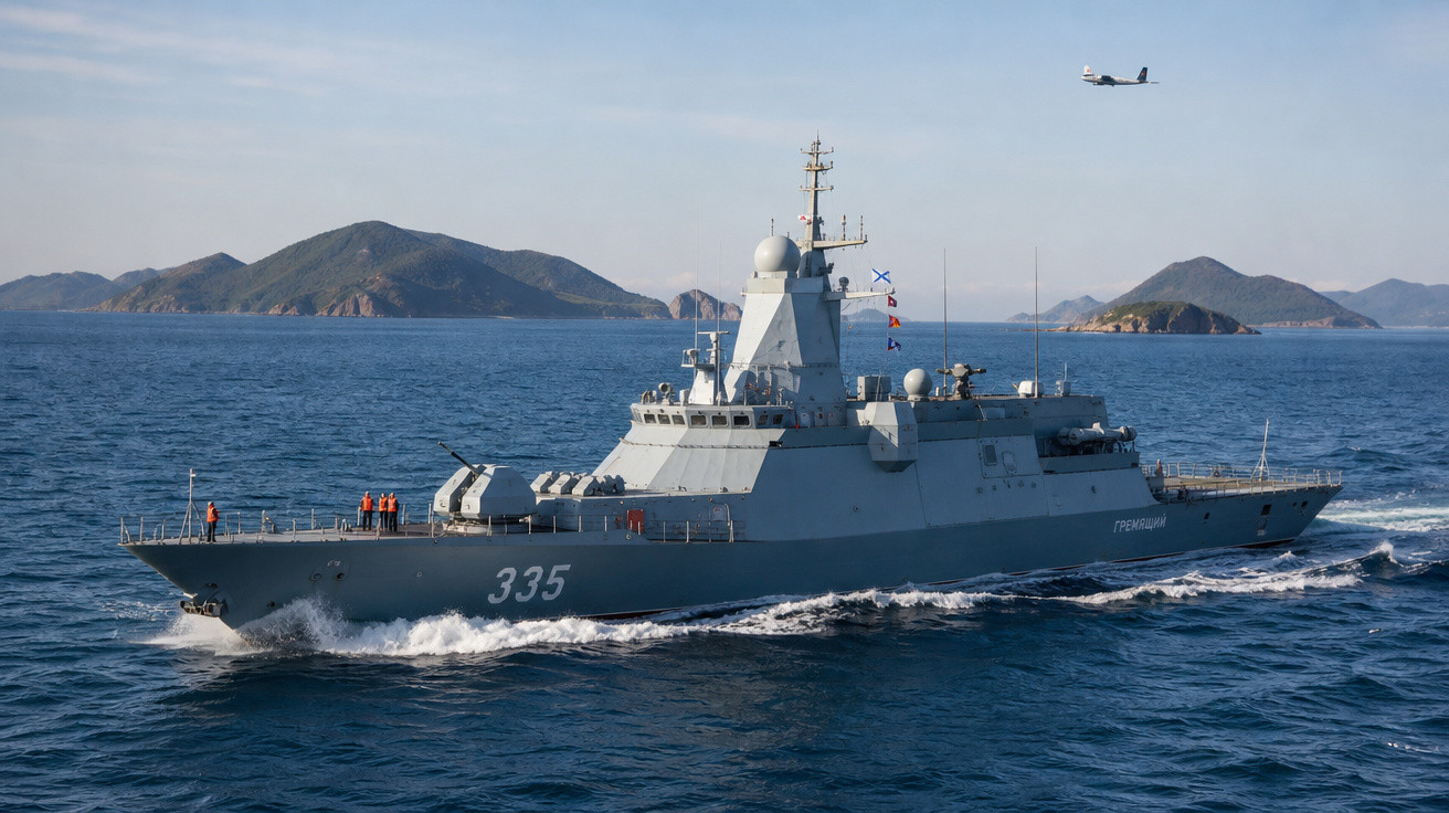 Fragata militar cinzenta número 335 navegando no mar com ilhas ao fundo e avião no céu.