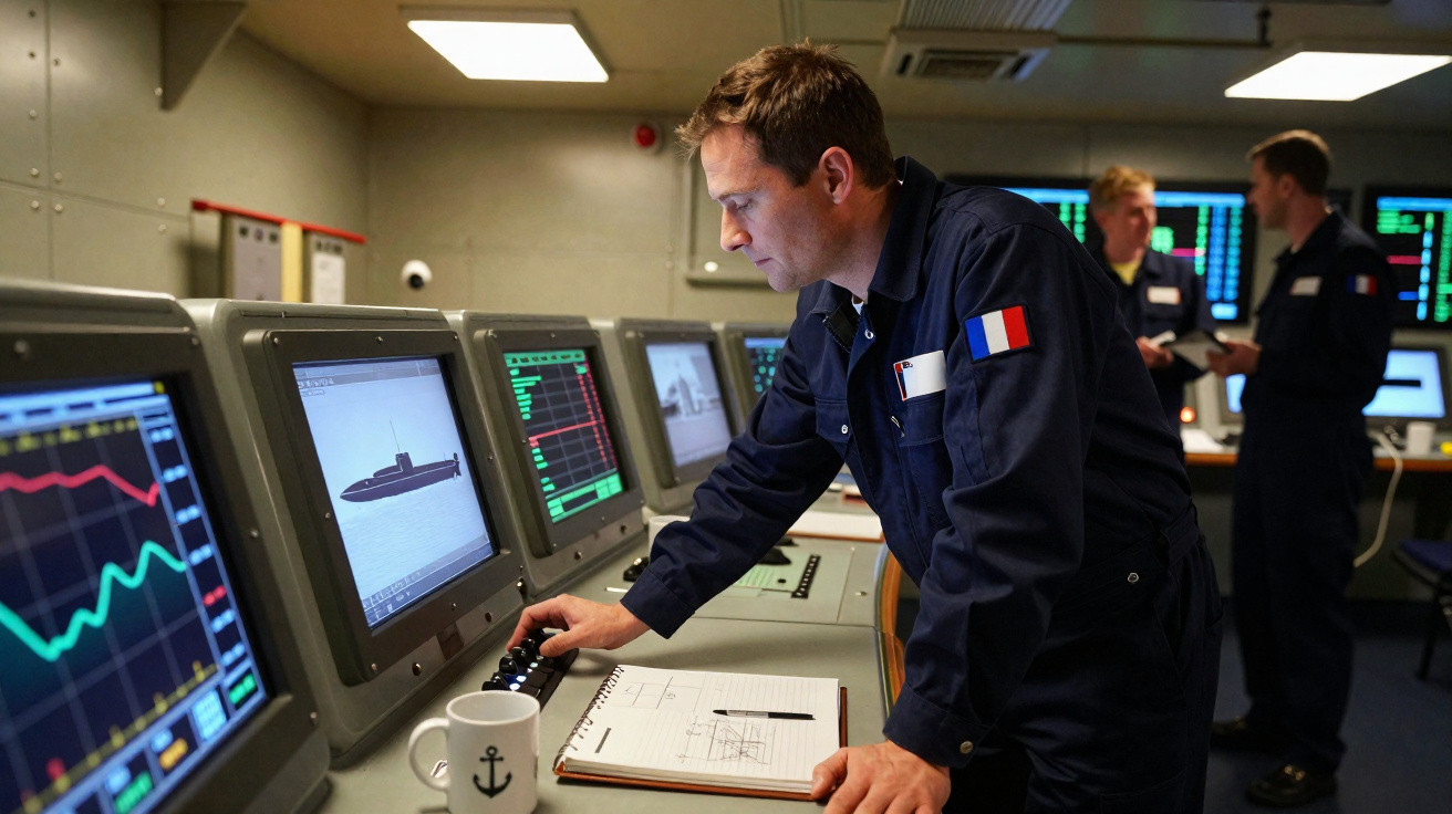 Homem em uniforme naval francês trabalhando num console de controlo com vários ecrãs numa sala de operações.