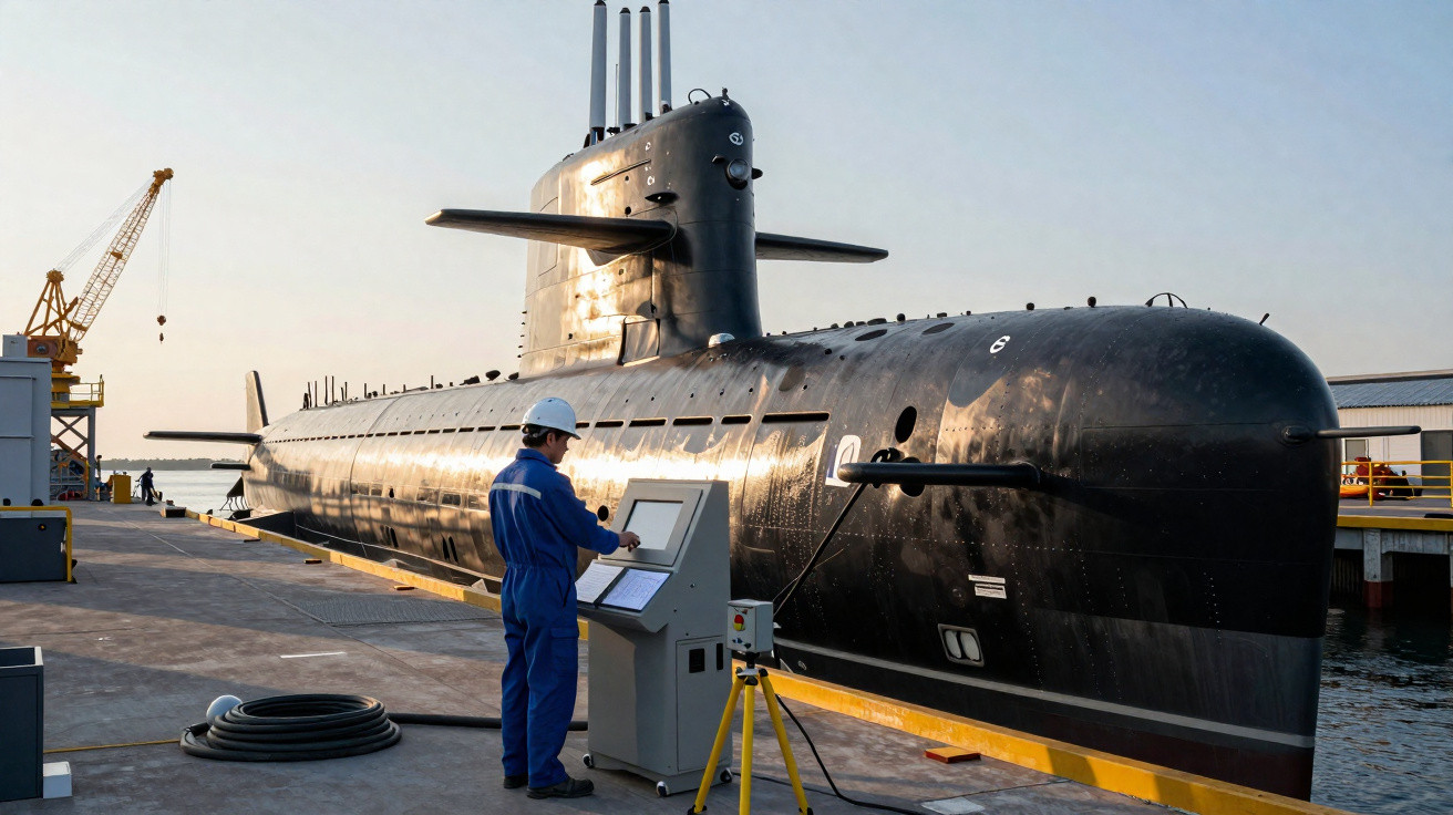 Homem de azul com capacete branco opera painel junto a submarino preto atracado em cais industrial ao pôr do sol.