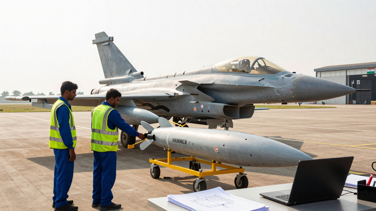 Dois técnicos com coletes amarelos junto a um avião militar cinzento e um objeto cilíndrico no solo.