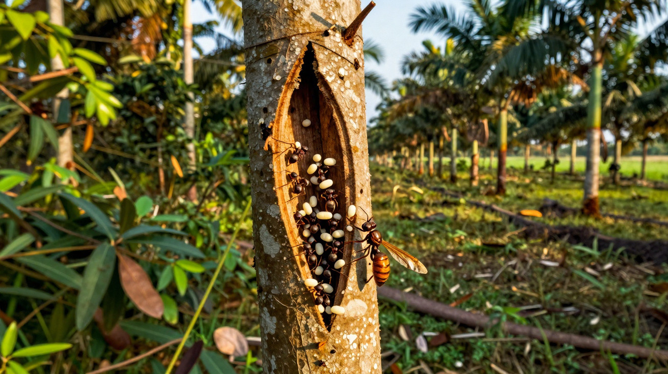 Vespa em árvore oca com ninhos de formigas e ovos em ambiente natural de floresta.