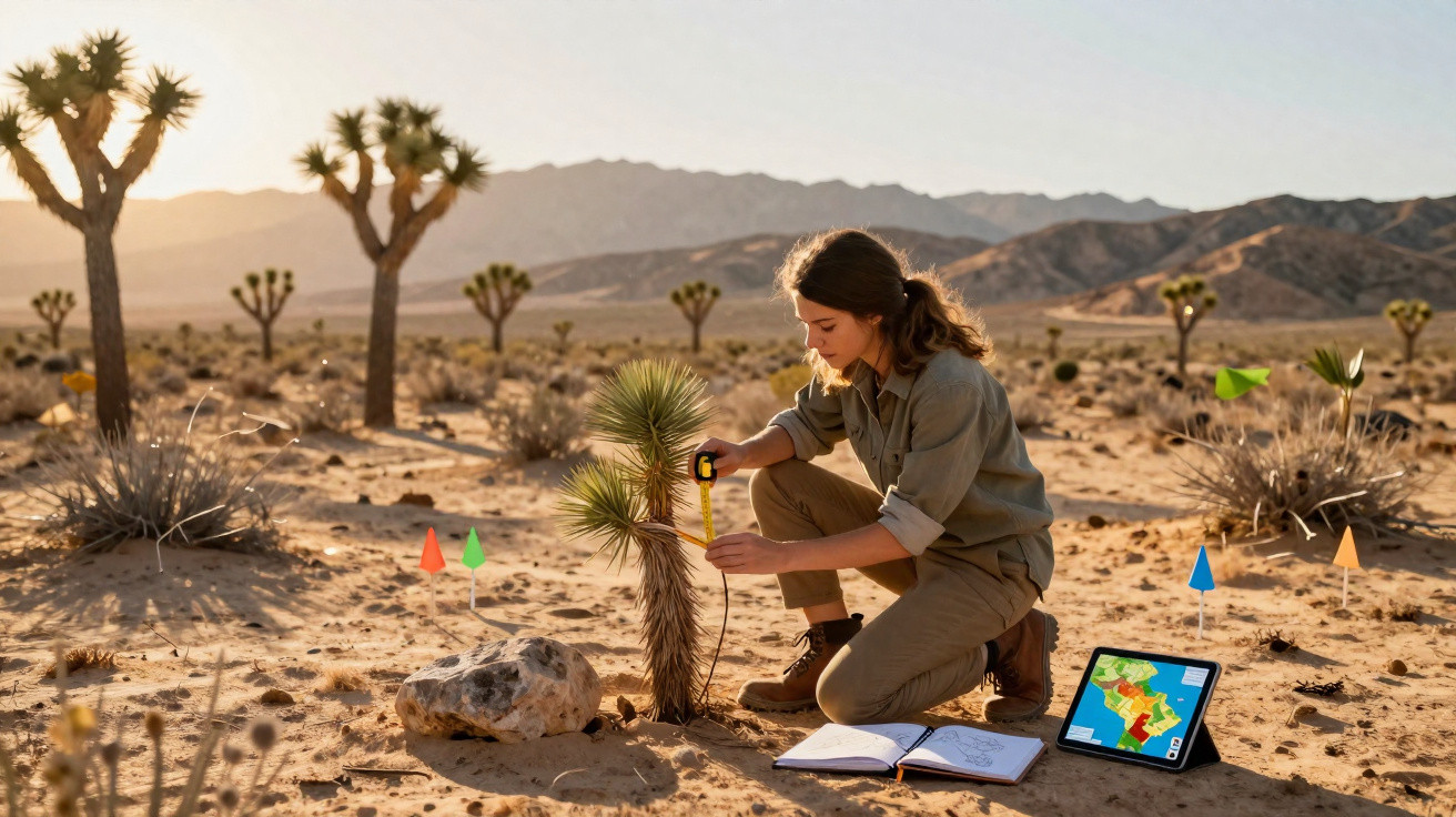 Mulher a medir planta no deserto com fita métrica, caderno e tablet com mapa colorido.