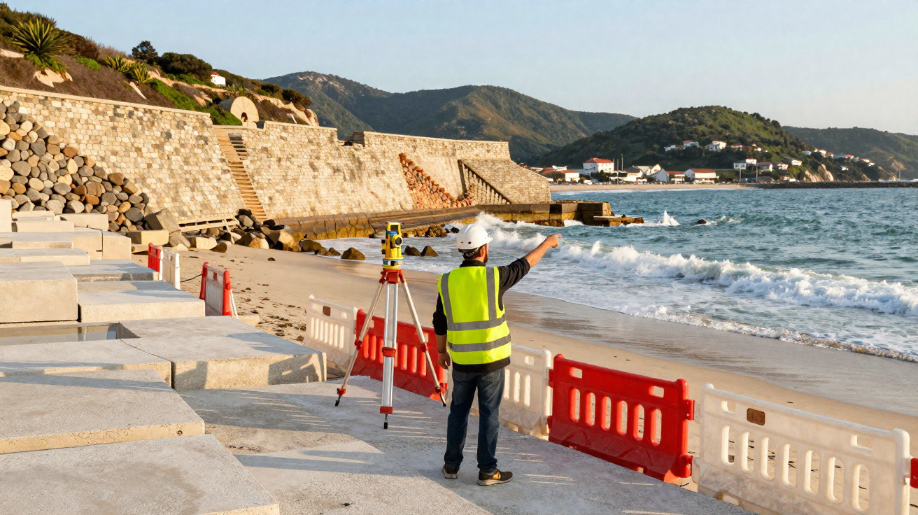 Engenheiro de obra com colete e capacete aponta para o mar numa praia com barreiras e equipamentos de medição.