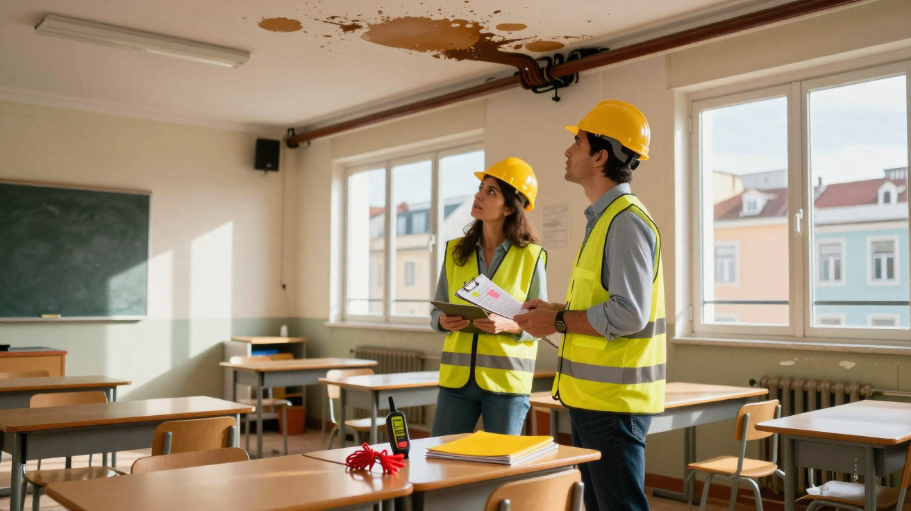 Dois engenheiros com coletes e capacetes a inspecionar infiltração de água no teto de uma sala de aula.